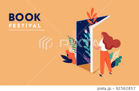 Book festival concept. Young woman opening a huge open book surrounding the many flowers, leaves Book festival concept. Young woman opening a huge open book surrounding the many flowers, leaves 92562857