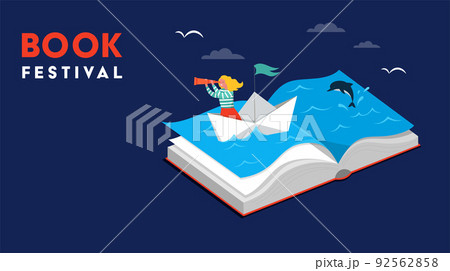 Book festival concept of a little girl sailing the boat and reading an open huge book. Fantasy and Book festival concept of a little girl sailing the boat and reading an open huge book. Fantasy and 92562858
