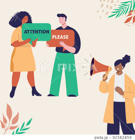 Woman holding megaphone. People holding speech bubbles with Important Announcement. Loudspeaker Woman holding megaphone. People holding speech bubbles with Important Announcement. Loudspeaker 92562859