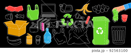 Set of different types outline garbage symbol. Plastic, glass, metal, paper, organic waste illustration. Unsorted garbage line set Set of different types outline garbage symbol. Plastic, glass, metal, paper, organic waste illustration. Unsorted garbage line set 92563100