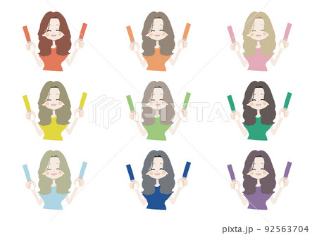 ライブTシャツを着た女の子が笑顔でペンライトを2本持ってを楽しんでいる様子のイラストセット 92563704