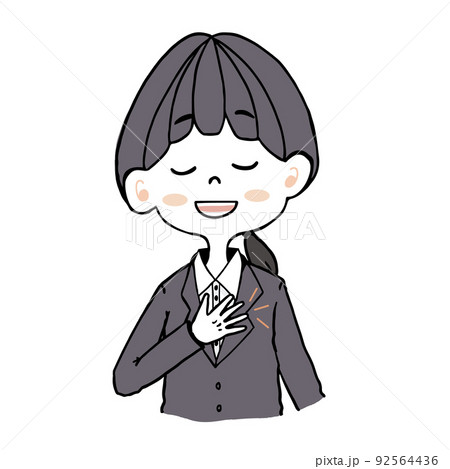 リクルートスーツを着た女の子（新入社員・会社員）が胸に手を当てて、安心している表情のイラスト 92564436