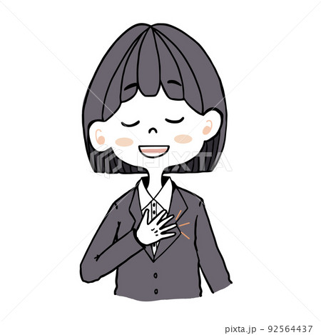 リクルートスーツを着た女の子（新入社員・会社員）が胸に手を当てて、安心している表情のイラスト 92564437