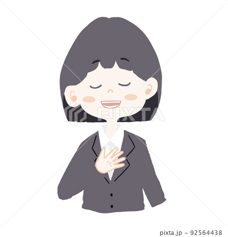 リクルートスーツを着た女の子(新入社員・会社員)が胸に手を当てて、安心している表情のイラスト リクルートスーツを着た女の子(新入社員・会社員)が胸に手を当てて、安心している表情のイラスト 92564438