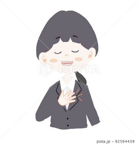 リクルートスーツを着た女の子（新入社員・会社員）が胸に手を当てて、安心している表情のイラスト 92564439