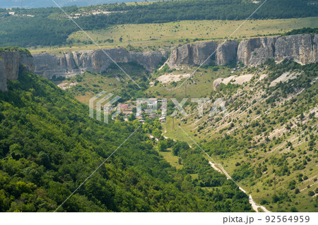 Bakhchisaray town monastery crimea cave assumption old tourism architecture landmark, from landscape nature in famous for city mosque, sunny tower. Outdoor jesus cliff, 92564959