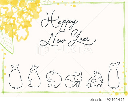 シンプルな線画うさぎの年賀状テンプレート(お花) 92565495