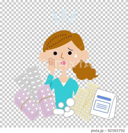 A young woman who is in trouble because she has a lot of medicine A young woman who is in trouble because she has a lot of medicine 92565792