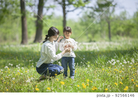 春の野原で遊ぶ親子 92566146