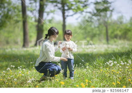春の野原で遊ぶ親子 92566147