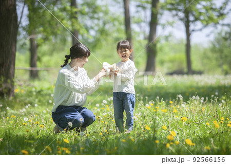 春の野原で遊ぶ親子 春の野原で遊ぶ親子 92566156