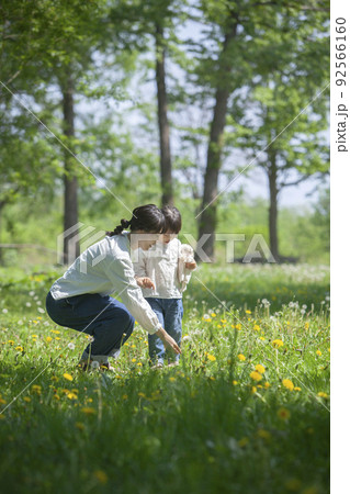 春の野原で遊ぶ親子 92566160