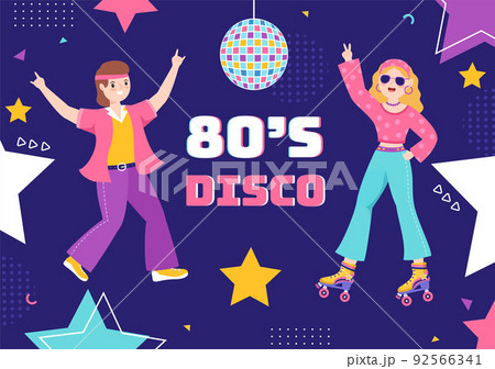 80s Party Cartoon Background Illustration with Retro Music, 1980 Radio Cassette Player and Some People Dancing Disco in Old Style Design 80s Party Cartoon Background Illustration with Retro Music, 1980 Radio Cassette Player and Some People Dancing Disco in Old Style Design 92566341
