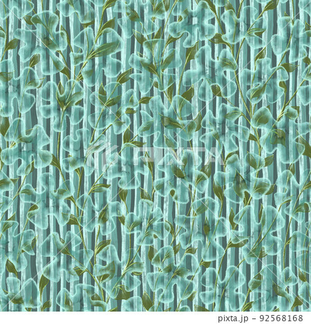 Softness Nature floral seamless pattern. Twigs with green leaves and abstract transparent light blue flowers on textured striped background. Softness Nature floral seamless pattern. Twigs with green leaves and abstract transparent light blue flowers on textured striped background. 92568168