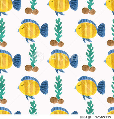 Seamless watercolor pattern cute striped fish yellow with blue. Seamless watercolor pattern cute striped fish yellow with blue. 92569449