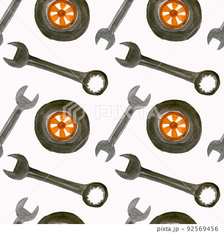 Seamless watercolor pattern machine wheel and wrench tools. 92569456