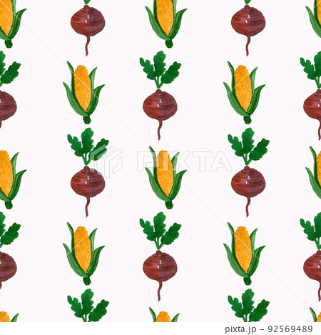 Seamless pattern with corn cobs burgundy beetroot. 92569489