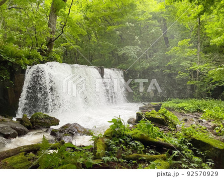 水しぶきをあげる銚子の滝 青森県の奥入瀬渓流 水しぶきをあげる銚子の滝 青森県の奥入瀬渓流 92570929