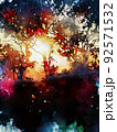Abstract digital painting of tree at sunset time, warm tone image 92571532