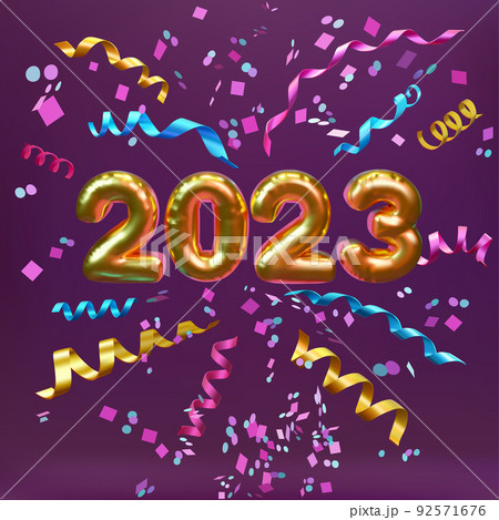 Happy new year 2023. Realistic golden foil balloons 3D. Happy new year 2023. Realistic golden foil balloons 3D. 92571676
