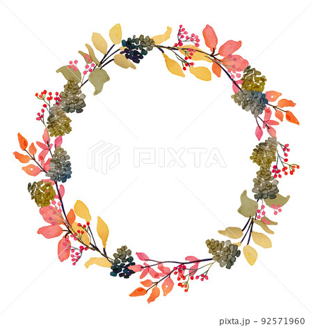 水彩画 水彩タッチの秋の植物と松ぼっくりのベクターフレーム 秋の木の実と葉っぱの装飾枠 のイラスト素材