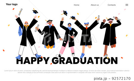 Happy graduation banner with graduates jump 92572170
