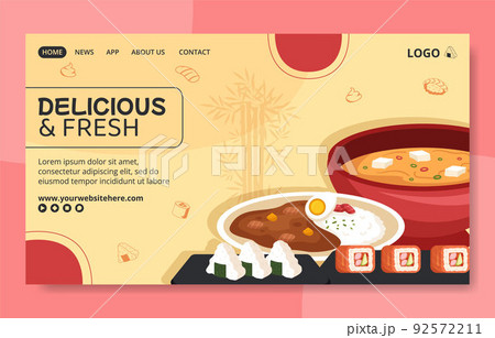 Japanese Food Social Media Landing Page Template Flat Cartoon Background Vector Illustration 92572211