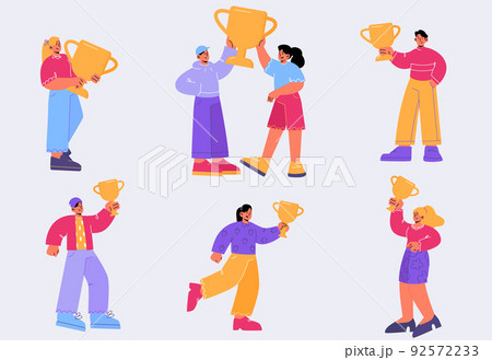 Happy people with trophy cups, winners with goblet 92572233