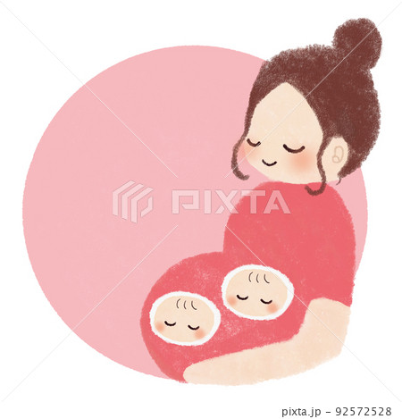 妊婦と双子の赤ちゃんのかわいいイラスト素材　コピースペースあり 92572528