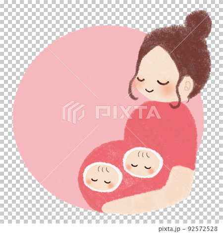 妊婦と双子の赤ちゃんのかわいいイラスト素材　コピースペースあり 92572528