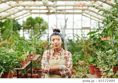 Portrait of successful young greenhouse shop owner wearing checked shirt, apron and gloves standing with arms crossed looking at camera 92572994