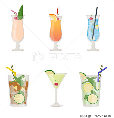 Collection of summer alcoholic drinks, tropical cocktails. Beach party concept. Flat vector illustration 92573846