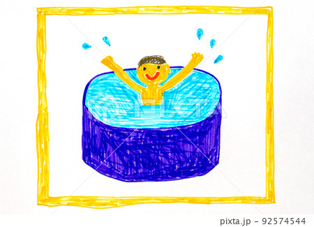The boy happily swims in the pool. Children's drawing on paper. 92574544