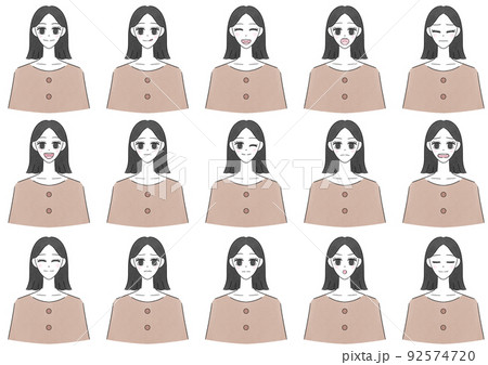 シンプル 人物イラストセット 女性 表情色々(ブラウン) シンプル 人物イラストセット 女性 表情色々(ブラウン) 92574720