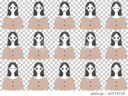 シンプル 人物イラストセット 女性 表情色々(ブラウン) シンプル 人物イラストセット 女性 表情色々(ブラウン) 92574720