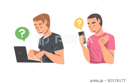Young Man Character Asking Question Using Internet Search System on Smartphone and Laptop Vector Set 92576177