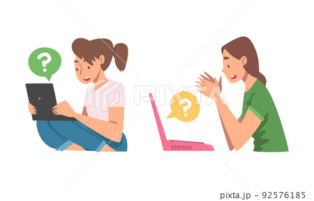 Young Woman Character Asking Question Using Internet Search System on Her Laptop Vector Set 92576185