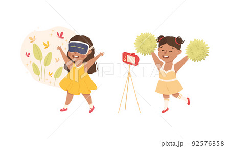 Cute Girl with Camera on Tripod Recording Video and Wearing Augmented Reality Glasses Vector Set 92576358