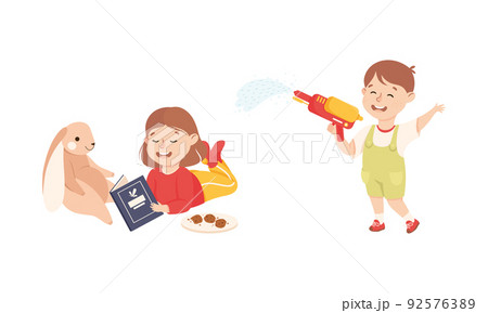 Smiling Boy and Girl Reading Book with Toy Hare and with Water Pistol Playing and Having Fun Vector Set Smiling Boy and Girl Reading Book with Toy Hare and with Water Pistol Playing and Having Fun Vector Set 92576389
