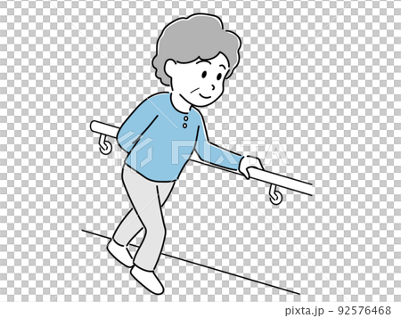 Elderly woman walking by holding on to the railing 92576468