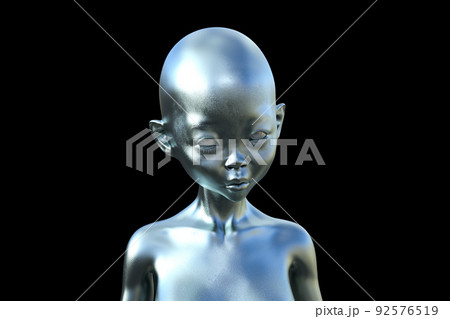 Silver bald alien humanoid on a black background. 92576519