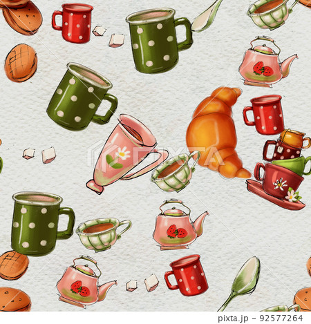 Seamless hand drawn pattern. Tea drinking illustration. 92577264