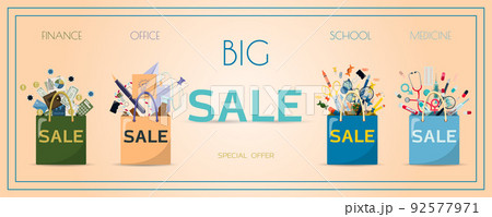 Advertising poster for black Friday, packages with goods for school, office, investment and medicine. Banner for discounts and sales. A poster with an inscription and a special offer of the store 92577971