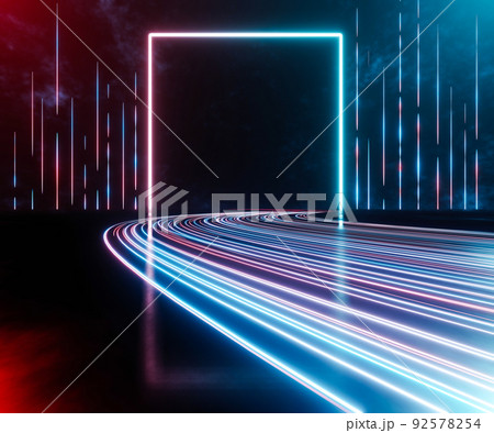 3d rendering light blue and red light trail with rectangle frame background. 92578254