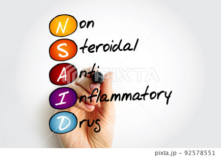 NSAID Nonsteroidal anti-inflammatory drug - medicines that are widely used to relieve pain, reduce inflammation, and bring down a high temperature, acronym text NSAID Nonsteroidal anti-inflammatory drug - medicines that are widely used to relieve pain, reduce inflammation, and bring down a high temperature, acronym text 92578551