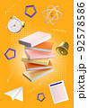 3d education concept poster for university and school. Stack of the books, alarm clock, bell, paper plane, atom and note flying on blue background. Realistic 3d high quality render 92578586