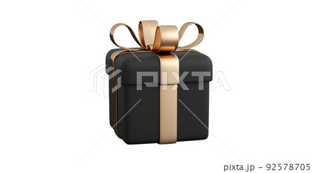 Realistic black gift box with golden ribbon bow. Concept of abstract holiday, birthday or wedding present or surprise. 3d high quality isolated render 92578705