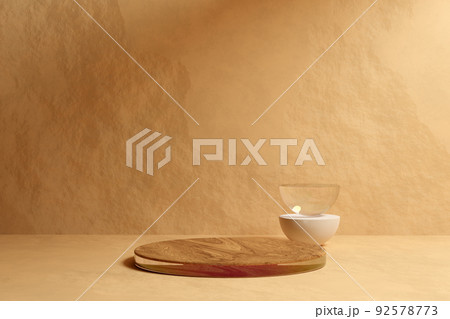 Beige stone room with glass podium with wooden top and half-sphere. Concept of shop product or cosmetic display stand background, skincare advertisement mock up. High quality 3d render. Beige stone room with glass podium with wooden top and half-sphere. Concept of shop product or cosmetic display stand background, skincare advertisement mock up. High quality 3d render. 92578773