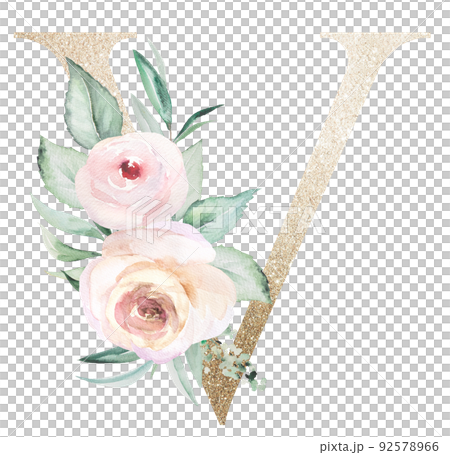 Light golden Letter V with watercolor roses and leaves. Pastel floral alphabet Light golden Letter V with watercolor roses and leaves. Pastel floral alphabet 92578966