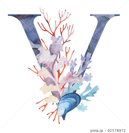 Blue capital letter V decorated with watercolor seaweeds, corals and seashells illustration. 92578972